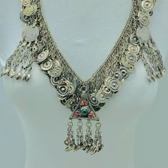 Tribal Kuchi Necklace, Silver Necklace With Dangling Tassels Exotic Collectible - Picture 1 of 9